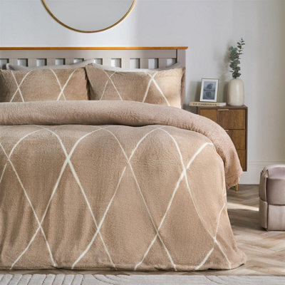 Ohs Diamond Check Teddy Fleece Bedding Set Duvet Cover With Pillowcase, Natural - Double - image 1