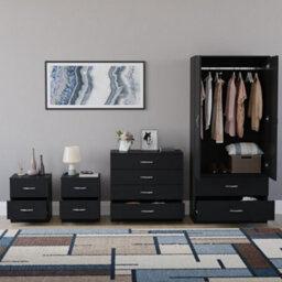 Lassic Vida Designs Riano 4 Piece Bedroom Set (2 Drawer Bedside Chest, 4 Drawer Chest, 2 Door 2 Drawer Wardrobe), Black - thumbnail 2