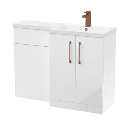 Balterley Right-Hand Bathroom Vanity And Wc Unit Combination With Basin - 1100mm - Gloss White With Brushed Bronze Handles - image 1