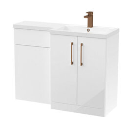 Balterley Right-Hand Bathroom Vanity And Wc Unit Combination With Basin - 1100mm - Gloss White With Brushed Bronze Handles - thumbnail 1