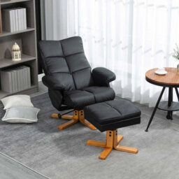 Recliner Chair And Footstool Pu Leather Wooden Base Black - thumbnail 2