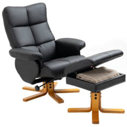 Recliner Chair And Footstool Pu Leather Wooden Base Black - thumbnail 1