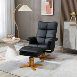 Recliner Chair And Footstool Pu Leather Wooden Base Black - thumbnail 6