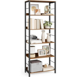 Industrial 6-Tier Bookcase Rustic Brown Ink Black Large Shelving - thumbnail 1