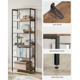 Industrial 6-Tier Bookcase Rustic Brown Ink Black Large Shelving - thumbnail 3
