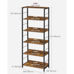Industrial 6-Tier Bookcase Rustic Brown Ink Black Large Shelving - thumbnail 2
