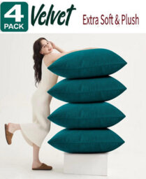 Ameha Teal Stripe Velvet Cushion Cover 18X18 Inch, Set Of 4, Soft, Breathable & Hypoallergenic With Invisible Zip