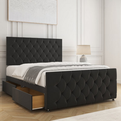 Bsspoke Maya Divan Bed Set Black Plush Velvet 24Inch Headboard & 20Inch Footboard 2 Drawers Same Side & Mattress In All Sizes - image 1