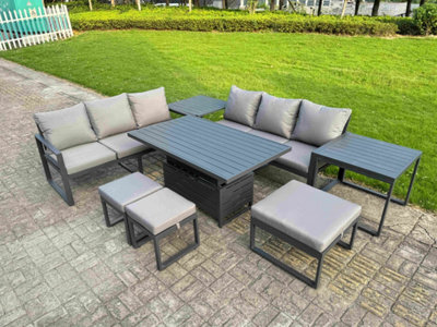 Fimous 8 Pieces Garden Furniture Set Aluminium Adjustable Rising Lifting Dining Table And Sofa Set With 2 Side Tables Dark Grey - image 1