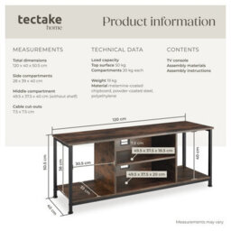 Tectake Tv Stand - Lowboard Cabinet With 4 Compartments, Adjustable Shelf 120 Cm - Industrial Wood Dark, Rustic - thumbnail 6