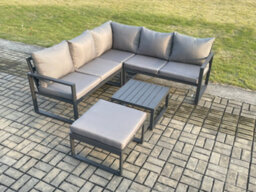 Fimous Outdoor Garden Furniture Set Aluminium Lounge Sofa Square Coffee Table Sets With Big Footstool Set Dark Grey - thumbnail 2