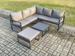 Fimous Outdoor Garden Furniture Set Aluminium Lounge Sofa Square Coffee Table Sets With Big Footstool Set Dark Grey - thumbnail 1
