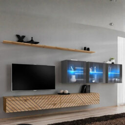Switch Lamel Xvii Modern Wall Unit Wotan Grey Gloss Living Room Set With Tv Cabinets Shelves Push To Open System - thumbnail 1