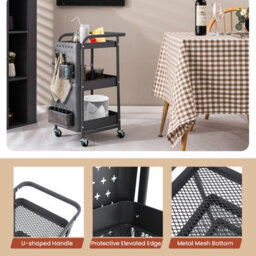 Costway 3-Tier Rolling Cart Kitchen Storage Trolley Mobile Metal Utility Cart - thumbnail 9
