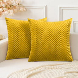 Ameha Ochre Embossed Velvet Cushion Cover Set Of 2, Breathable Anti Allergic Zip Closure, 18X18 Inch - thumbnail 7