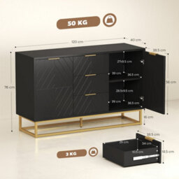 Wyld Haus Varase Black Sideboard 3 Drawers 2 Doors With Gold Accents, 1200 X 400 X 760 mm - thumbnail 4
