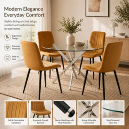Oira Homes Round Glass Dining Table Set With 4 Brown Velvet Chairs 4 Seater Kitchen And Dining Room Set - thumbnail 8