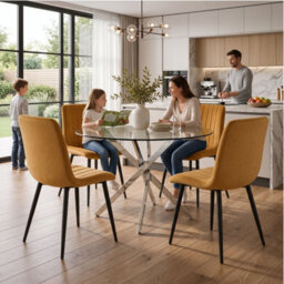 Oira Homes Round Glass Dining Table Set With 4 Brown Velvet Chairs 4 Seater Kitchen And Dining Room Set - thumbnail 7