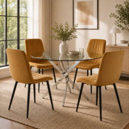 Oira Homes Round Glass Dining Table Set With 4 Brown Velvet Chairs 4 Seater Kitchen And Dining Room Set - thumbnail 1