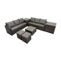 Fimous Rattan Garden Outdoor Furniture Set 3 Seater Sofa Square Coffee Table Set With 2 Side Tables 2 Small Stools Dark Grey Mixed - thumbnail 2