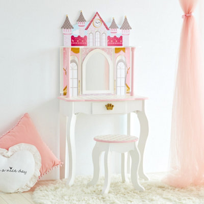 Teamson Kids Play Vanity Table Set, Children's Dressing Table With Mirror & Stool, Dreamland Castle - White/pink - image 1