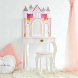 Teamson Kids Play Vanity Table Set, Children's Dressing Table With Mirror & Stool, Dreamland Castle - White/pink