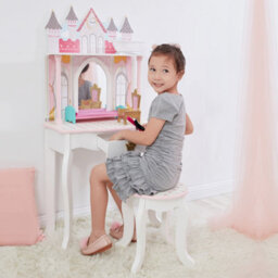 Teamson Kids Play Vanity Table Set, Children's Dressing Table With Mirror & Stool, Dreamland Castle - White/pink - thumbnail 2