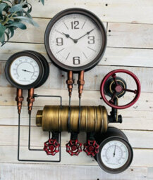 My Square Mile Industrial Steampunk Pipe Metal Gear Wall Clock With Faux Temperature Dial Display (Triple Cog Clock) - thumbnail 5