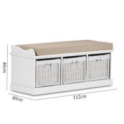 Statement Furniture Tetbury Bench With 3 White Wicker Baskets And Cream Cushion- White - thumbnail 2
