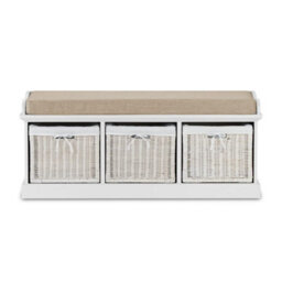 Statement Furniture Tetbury Bench With 3 White Wicker Baskets And Cream Cushion- White - thumbnail 4