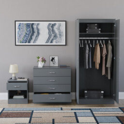 Lassic Vida Designs Riano 3 Piece Bedroom Set (1 Drawer Bedside Chest, 4 Drawer Chest, 2 Door Wardrobe), Grey (4) - thumbnail 3