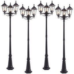 4 Pack Outdoor Lantern Lamp Post Matt Black & Glass 2.3M Tall 3 Light Bollard
