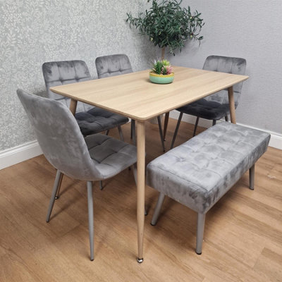 Kosy Koala Dining Table Set With 4 Grey Velvet Chairs And 1 Grey Velvet Bench Dining Room Furniture - image 1