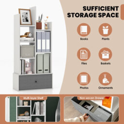 Costway 7 Tier Bookshelf Open Storage Wood Bookcase Organizer Display Shelf W/ Drawer - thumbnail 6