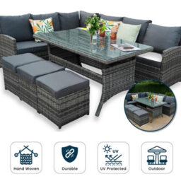 Nustone L Shaped Rattan Garden Furniture Set 9 Seater Corner Sofa With 3 Stools & Glass Top Table - thumbnail 3