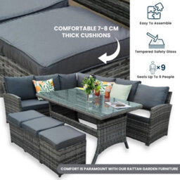 Nustone L Shaped Rattan Garden Furniture Set 9 Seater Corner Sofa With 3 Stools & Glass Top Table - thumbnail 2