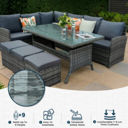 Nustone L Shaped Rattan Garden Furniture Set 9 Seater Corner Sofa With 3 Stools & Glass Top Table