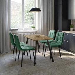 Urbn-Living Urbn Living 110Cm Dining Table & 4 Pcs Velvet Chairs Set Modern Metal Kitchen Furniture Oak Table And Green Chair - thumbnail 3