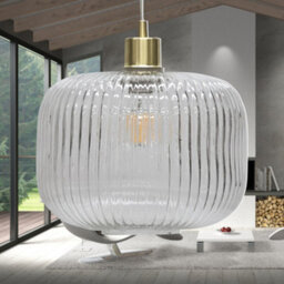 First Choice Lighting Clear Ribbed Glass Kitchen Dining Ceiling Light Pendant With Brass - thumbnail 4