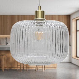 First Choice Lighting Clear Ribbed Glass Kitchen Dining Ceiling Light Pendant With Brass - thumbnail 3