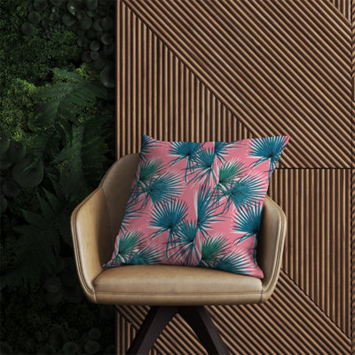 Warren Reed Designer Pink Green Fan Palms Outdoor Cushion 60Cm X 60Cm
