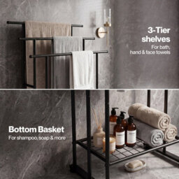 Levede Towel Rail Metal Rack With Basket 3-Tier Storage Anti-Slip Foot,black - thumbnail 8