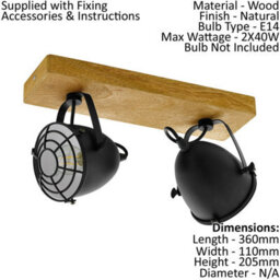 Elegant Adjustable 2 Bulb Ceiling Spotlight With Wood And Black Shade For Kitchen Island - thumbnail 2