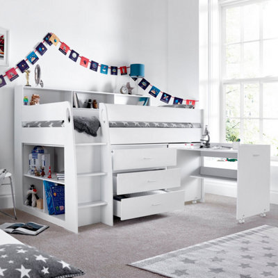 Save On Goods UK White Mid Sleeper, Storage Chest Of Drawers, Desk, Kids 3Ft Single Wood, Wooden Study Bunk Bed - image 1