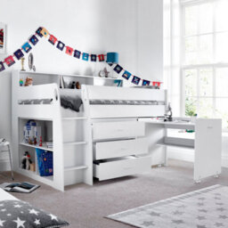Save On Goods UK White Mid Sleeper, Storage Chest Of Drawers, Desk, Kids 3Ft Single Wood, Wooden Study Bunk Bed - thumbnail 1