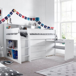 Save On Goods UK White Mid Sleeper, Storage Chest Of Drawers, Desk, Kids 3Ft Single Wood, Wooden Study Bunk Bed - thumbnail 2