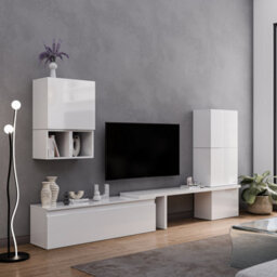 Decorotika Getafe Moduler Modern Tv Unit Wall Mount High Gloss White - thumbnail 3