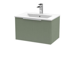 Hudson Reed Fluted Wall Hung 1-Drawer Vanity And Minimalist Basin, Contemporary Sink Vanity Unit, Satin Green, 600mm - thumbnail 1