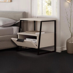 1 Door Bedside Table Sandstone Nightstand Black Metal Frame - thumbnail 3