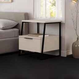 1 Door Bedside Table Sandstone Nightstand Black Metal Frame - thumbnail 1